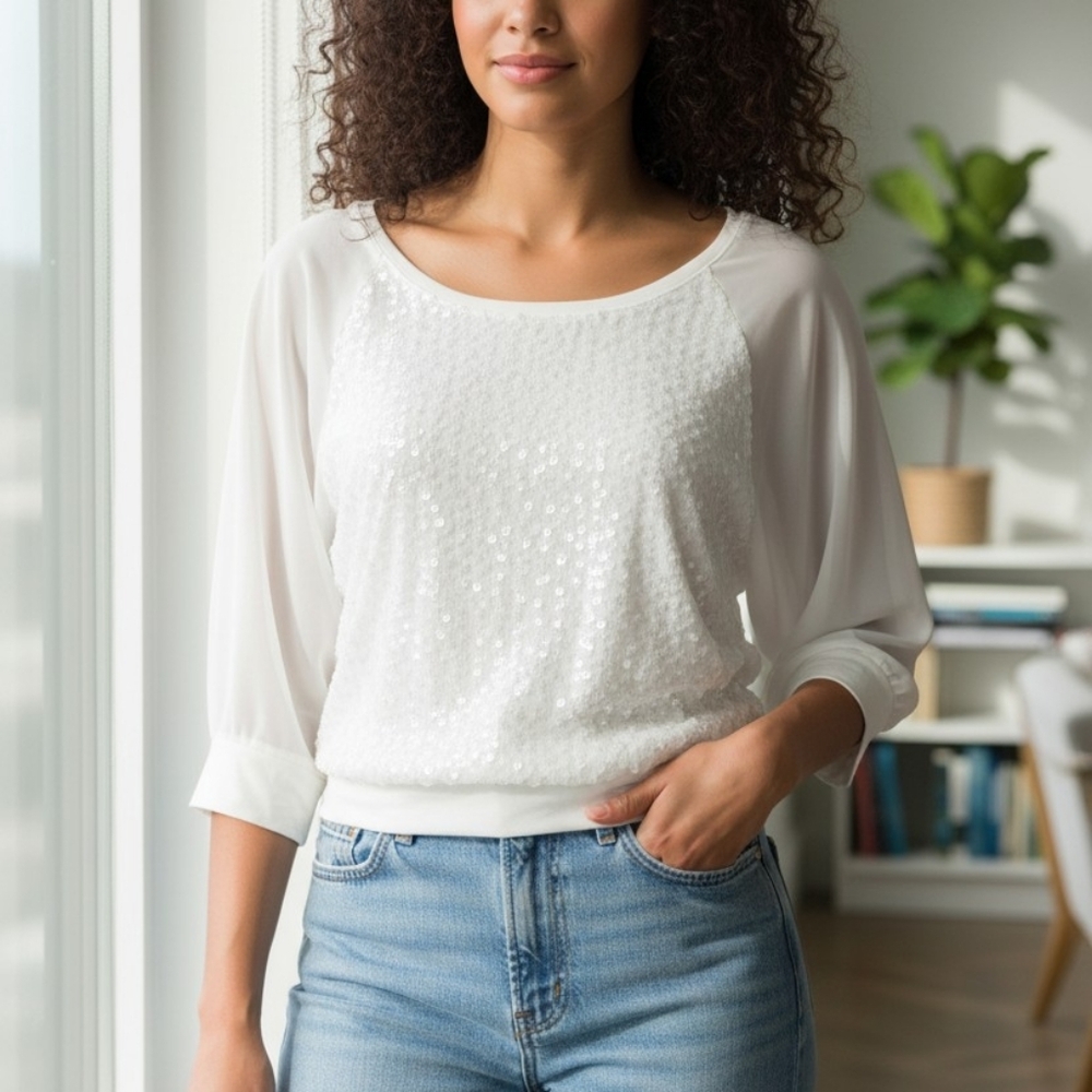 Express White Sequin Front Chiffon Sleeve Top